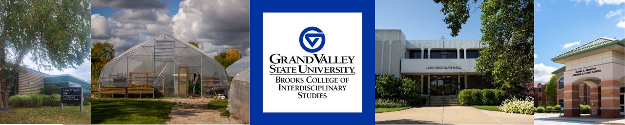 The buildings of Brooks College, with GVSU Brooks combo logo